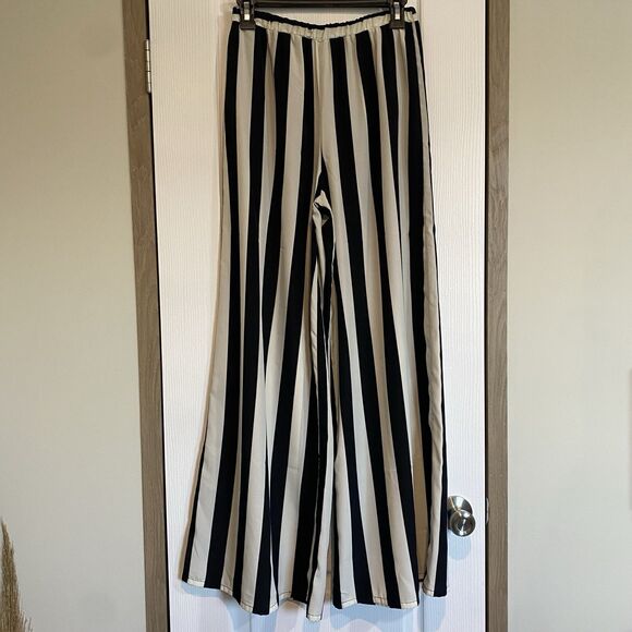 Uno Core Wide Leg Pants Women Size L Beetlejuice Striped Print Sheer Comfy - Picture 1 of 10